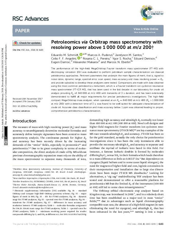 (PDF) Petroleomics via Orbitrap mass spectrometry with resolving power ...