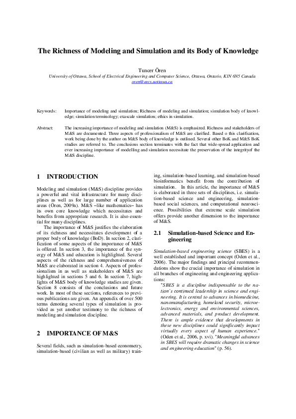 (PDF) The Richness of Modeling and Simulation and Its Body of Knowledge