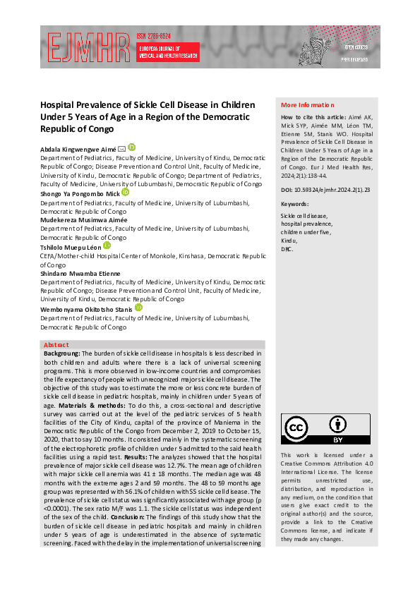(PDF) Hospital Prevalence of Sickle Cell Disease in Children Under 5 ...
