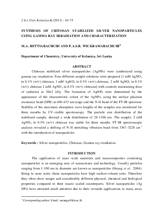 (PDF) Synthesis of chitosan stabilized silver nanoparticles using gamma ...