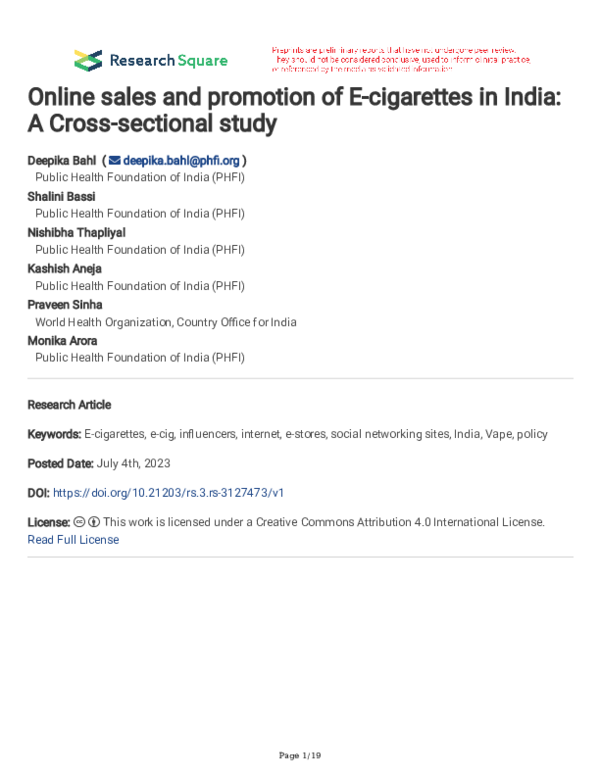 PDF) Online sales and promotion of E-cigarettes in India: A Cross-sectional  study