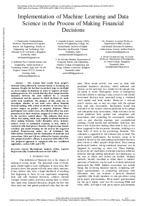(PDF) Implementation of Machine Learning and Data Science in the ...