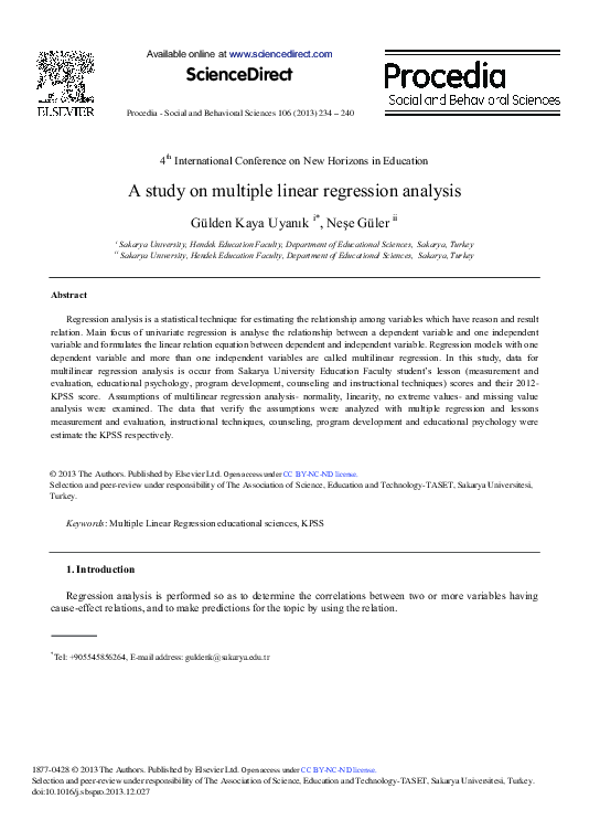 (PDF) A Study on Multiple Linear Regression Analysis