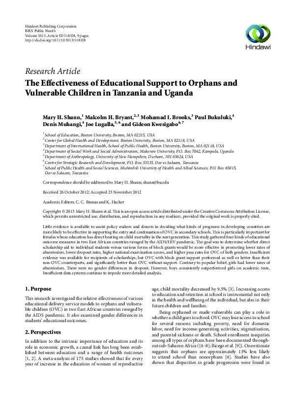 (PDF) The Effectiveness of Educational Support to Orphans and ...