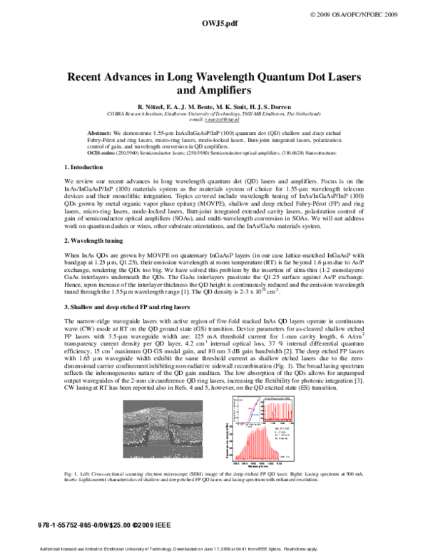 (PDF) Recent Advances in Long Wavelength Quantum Dot Lasers and Amplifiers