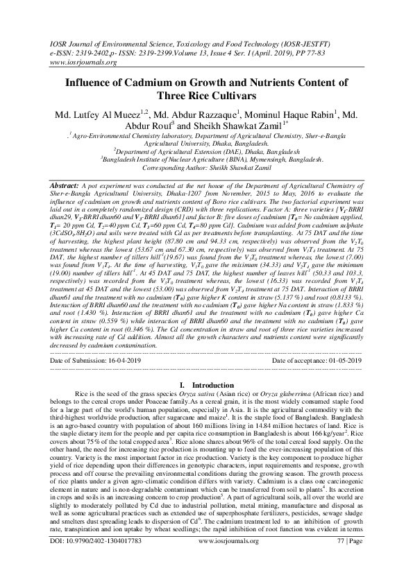 (PDF) Influence of Cadmium on Growth and Nutrients Content of Three ...