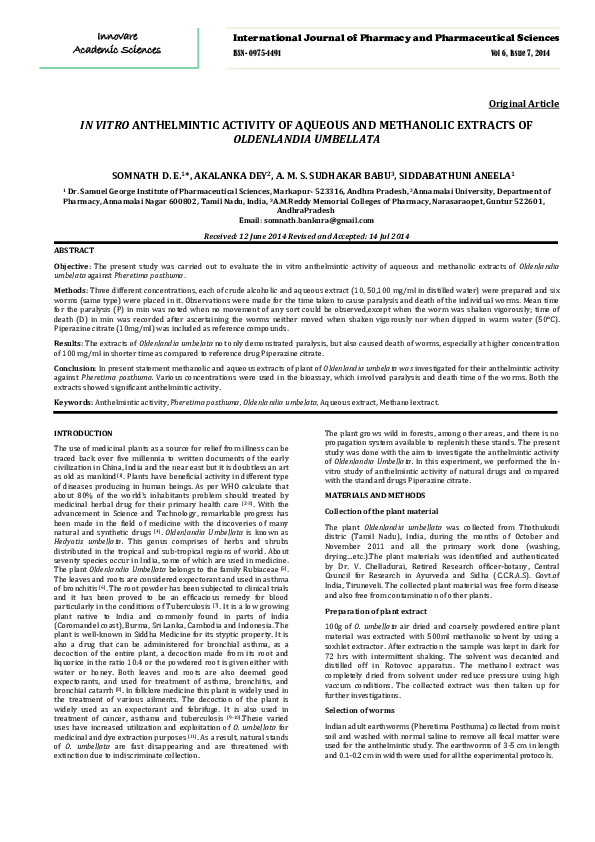 (PDF) IN VITRO ANTHELMINTIC ACTIVITY OF AQUEOUS AND METHANOLIC EXTRACTS ...