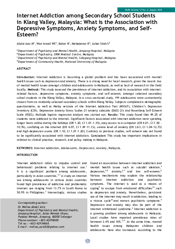 (PDF) Internet Addiction among Secondary School Students in Klang ...