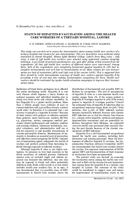 (PDF) Status of Hepatitis B Vaccination Among the Health Care Workers ...