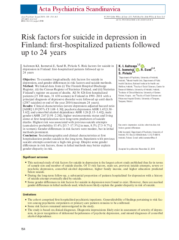 (PDF) Risk factors for suicide in depression in Finland: first ...