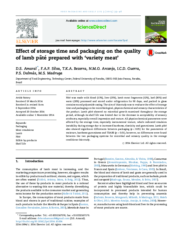 (PDF) Effect of storage time and packaging on the quality of lamb pâté ...