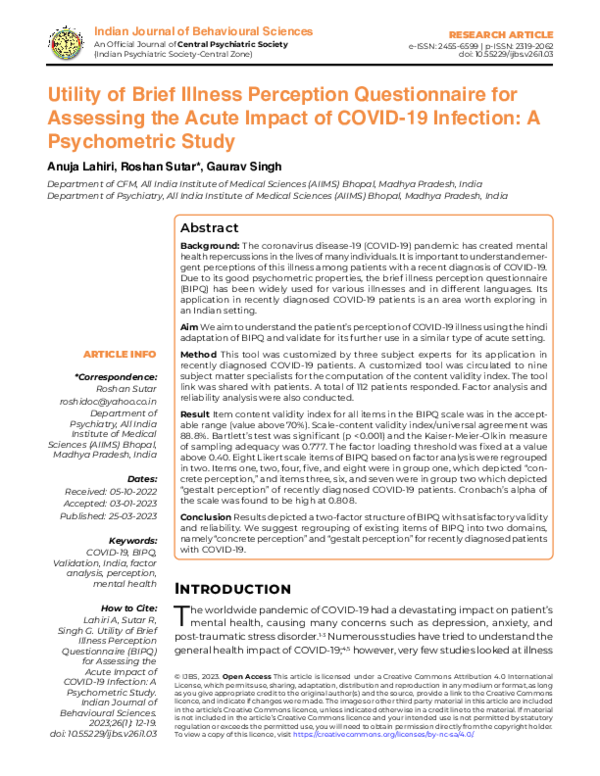 (PDF) Utility of Brief Illness Perception Questionnaire for Assessing ...