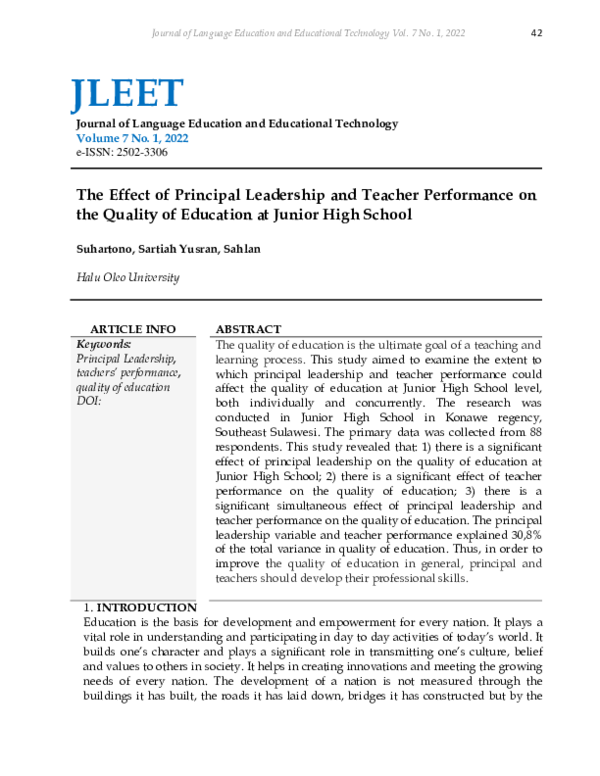 (PDF) The Effect of Principal Leadership and Teacher Performance on the ...