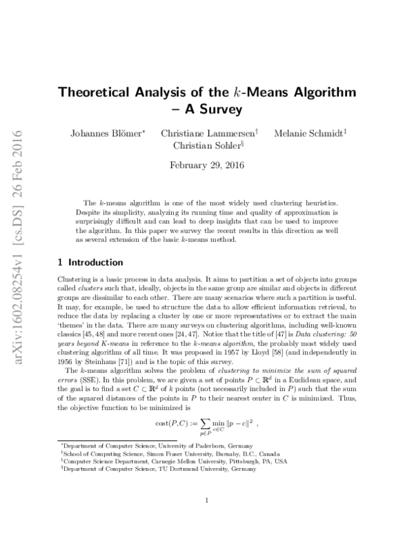 (PDF) Theoretical Analysis of the $k$-Means Algorithm - A Survey