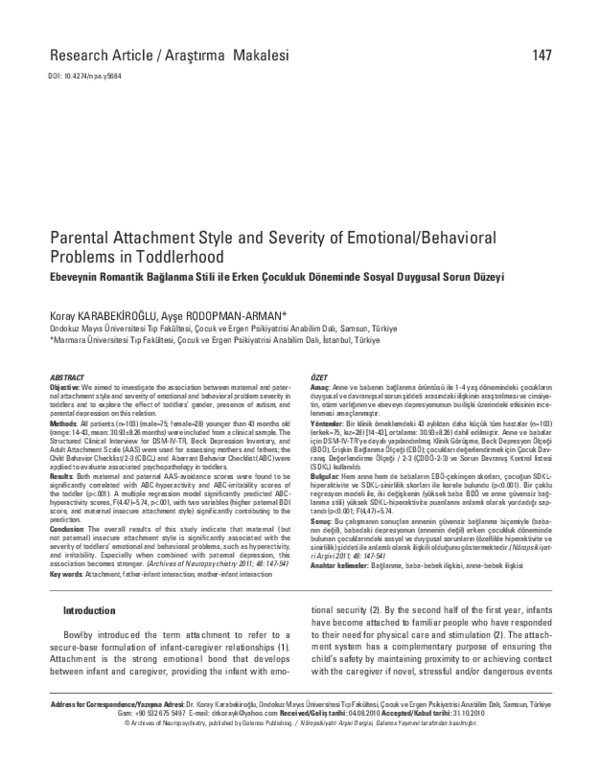 (PDF) Parental attachment style and severity of emotional/behavioral ...
