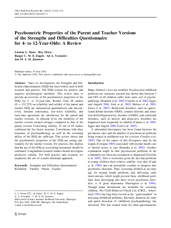 (PDF) Psychometric Properties of the Parent and Teacher Versions of the ...