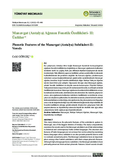 (PDF) Manavgat (Antalya) Ağzının Fonetik Özellikleri-II: Ünlüler ...