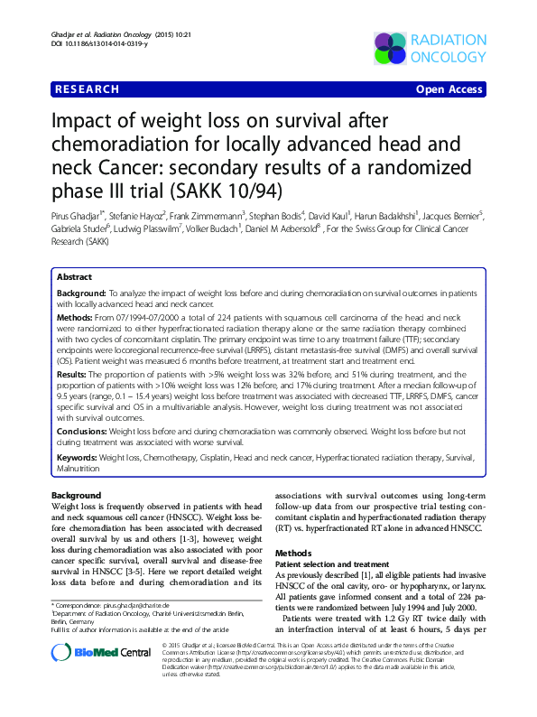 Impact of weight loss on survival after chemoradiation for locally advanced head and neck Cancer: secondary results of a randomized phase III trial (SAKK 10/94)
