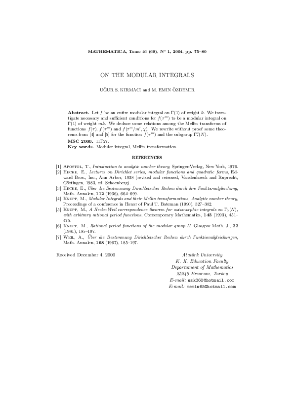 (PDF) On the Modular Integrals