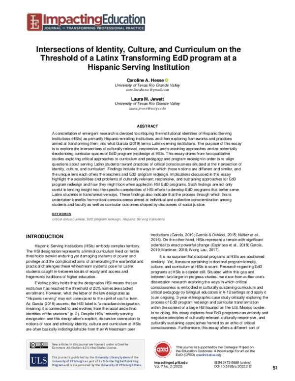 Intersections of Identity, Culture, and Curriculum on the Threshold of a Latinx Transforming EdD program at a Hispanic Serving Institution