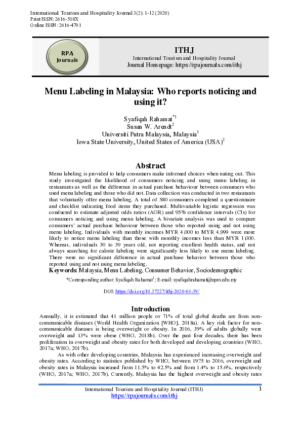 (PDF) Menu Labeling in Malaysia: Who reports noticing and using it?