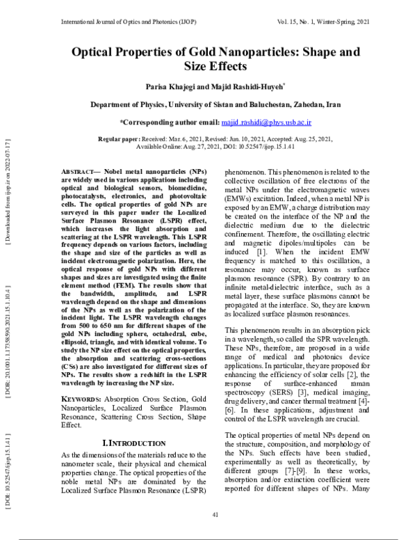(PDF) Optical Properties of Gold Nanoparticles: Shape and Size Effects