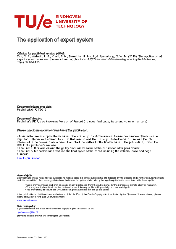 (PDF) The Application of Expert System: A Review of Research and ...