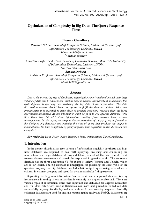 (PDF) Optimization of Complexity in Big Data: The Query Response Time