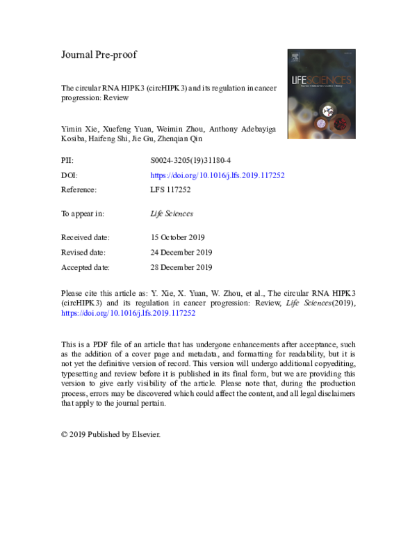 (PDF) The circular RNA HIPK3 (circHIPK3) and its regulation in cancer ...
