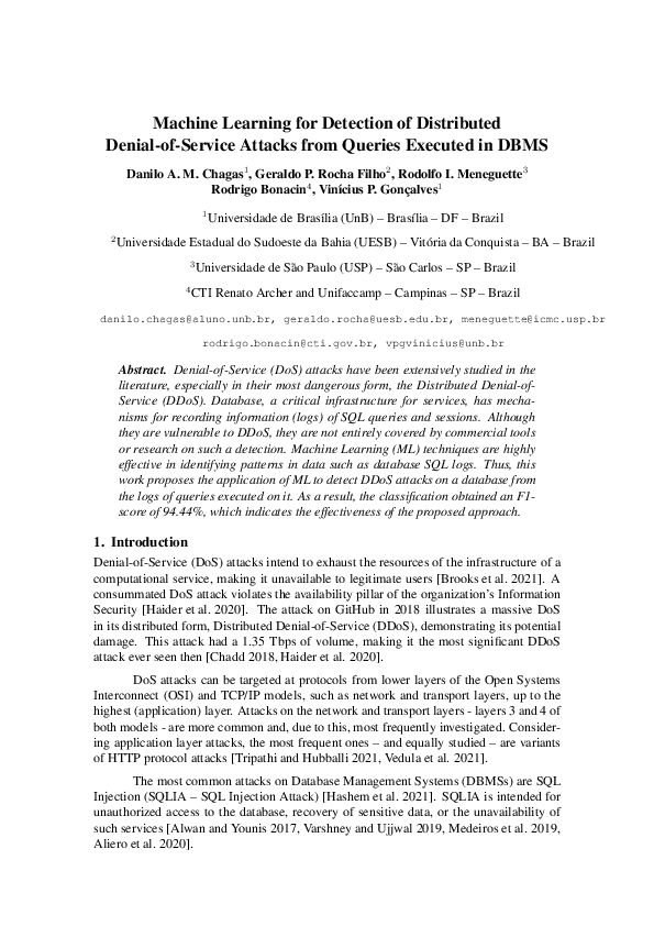 (PDF) Machine Learning for Detection of Distributed Denial-of-Service ...