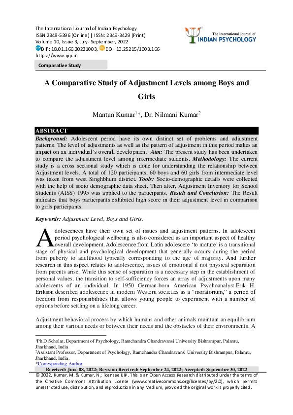 (PDF) A Comparative Study of Adjustment Levels among Boys and Girls