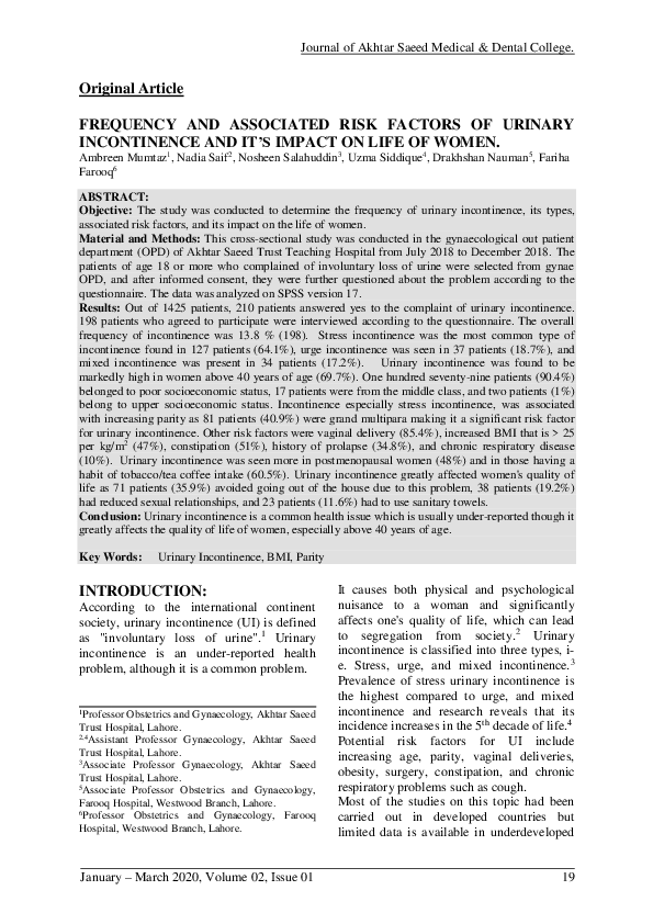 (PDF) Frequency and Associated Risk Factors of Urinary Incontinence and ...