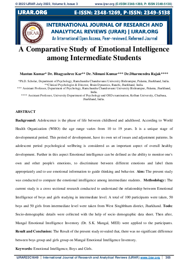 (PDF) A Comparative Study of Emotional Intelligence among Intermediate ...