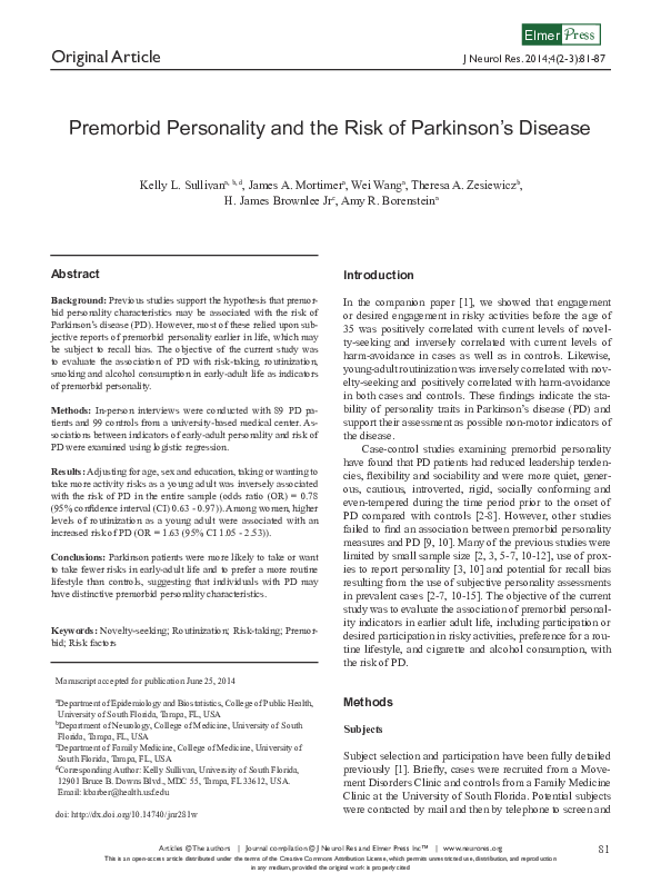 (PDF) Premorbid Personality and the Risk of Parkinson’s Disease