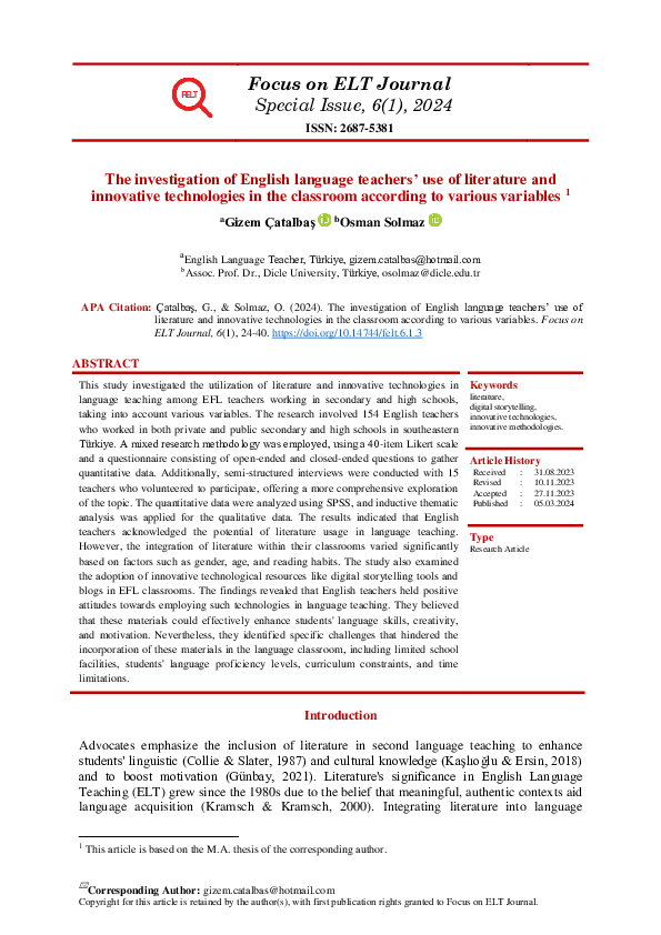 (PDF) The investigation of English language teachers' use of literature ...