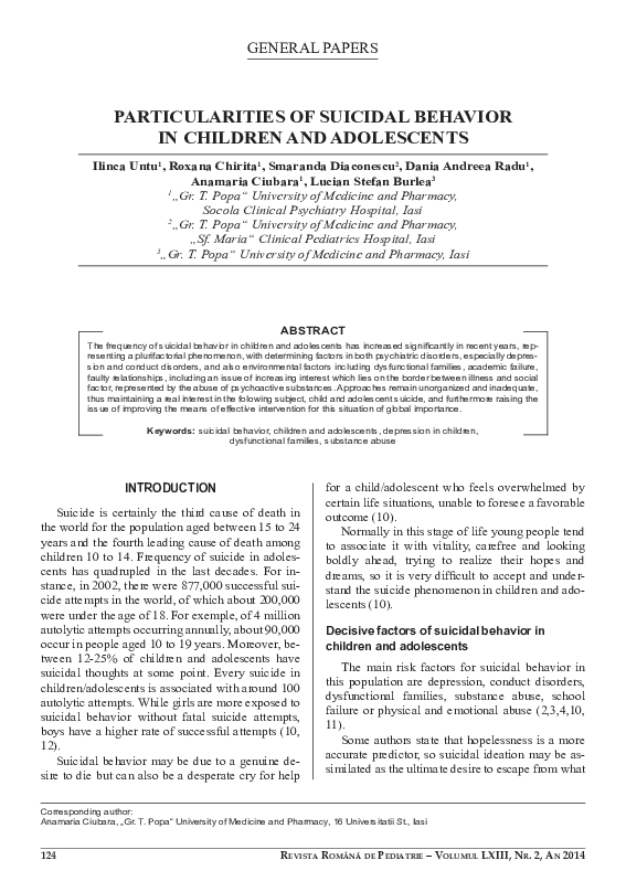 (PDF) Particularities of suicidal behavior in children and adolescents