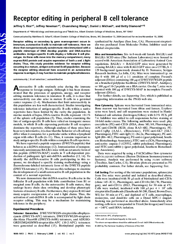 (PDF) Receptor editing in peripheral B cell tolerance