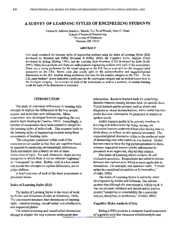 (PDF) A Survey of Learning Styles of Engineering Students