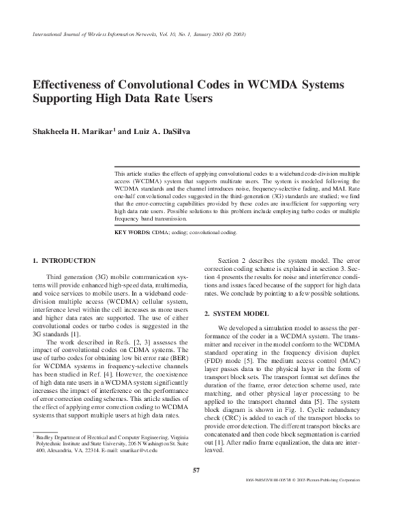 (PDF) Effectiveness of Convolutional Codes in WCMDA Systems Supporting ...