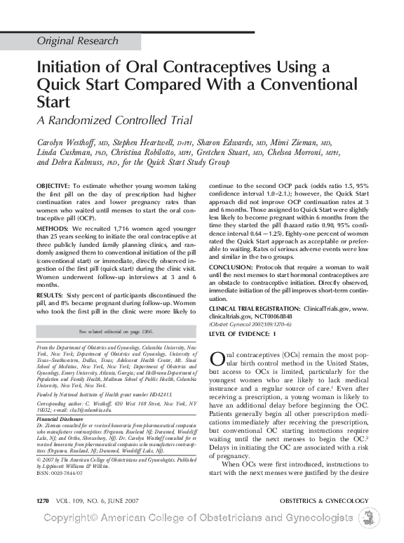 (PDF) Initiation of Oral Contraceptives Using a Quick Start Compared ...