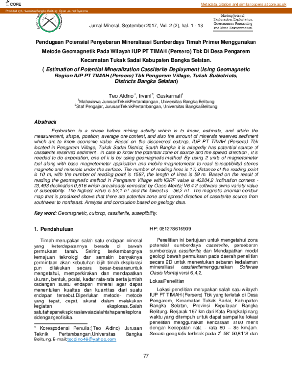 (PDF) Pendugaan Potensial Penyebaran Mineralisasi Sumberdaya Timah ...