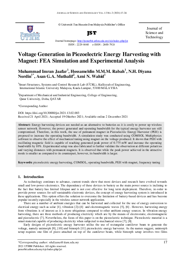 Voltage Generation in Piezoelectric Energy Harvesting with Magnet: FEA Simulation and Experimental Analysis
