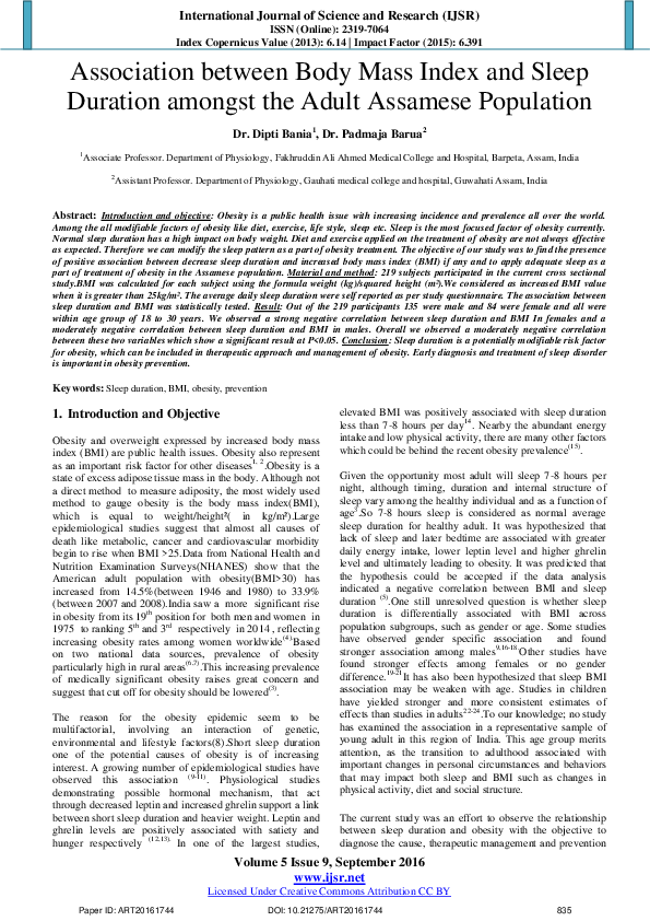 (PDF) Association between Body Mass Index and Sleep Duration amongst ...