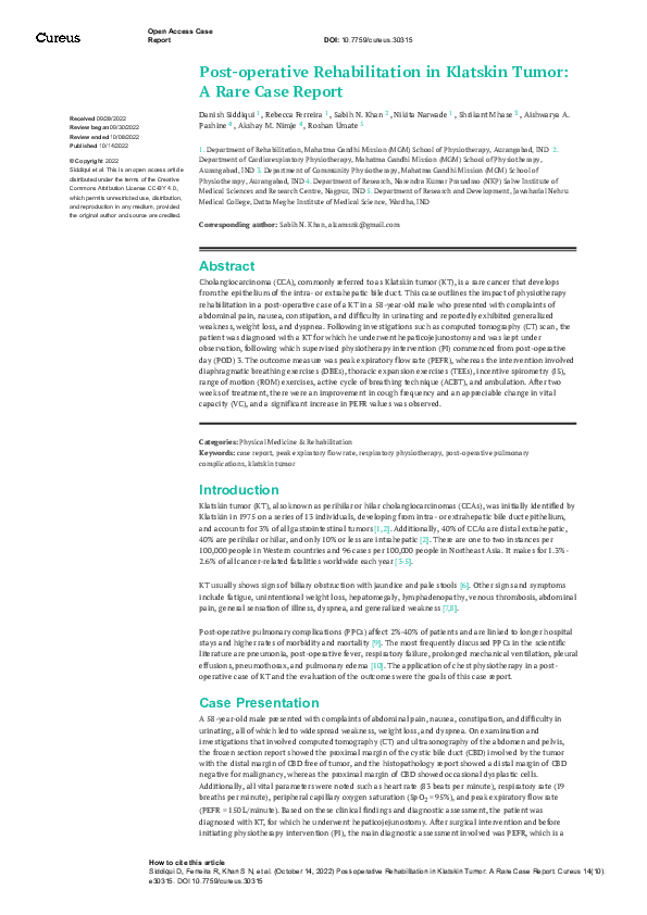 (PDF) Post-operative Rehabilitation in Klatskin Tumor: A Rare Case Report