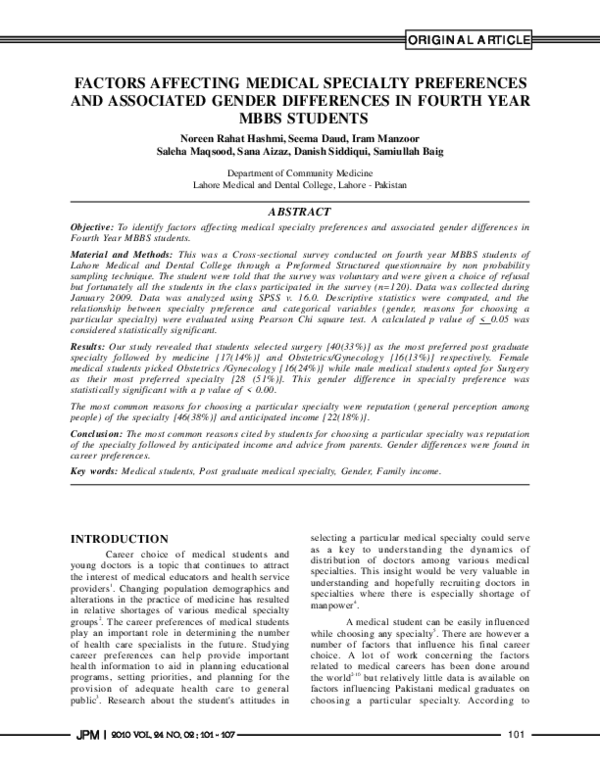 (PDF) Factors Affecting Medical Specialty Preferences and Associated ...
