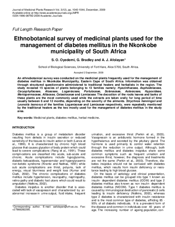 (PDF) Ethnobotanical survey of medicinal plants used for the management ...