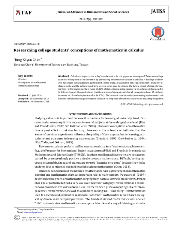 (PDF) Researching college students’ conceptions of mathematics in calculus