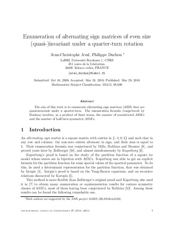(PDF) Enumeration of Alternating Sign Matrices of Even Size (Quasi ...