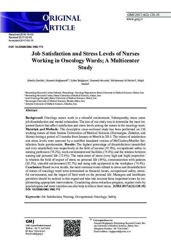(PDF) Job Satisfaction and Stress Levels of Nurses Working in Oncology ...