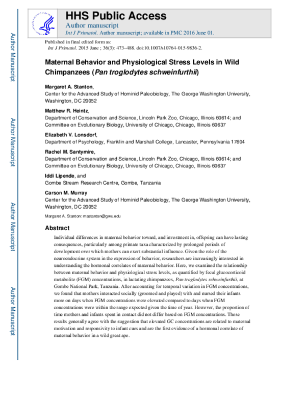 (PDF) Maternal Behavior and Physiological Stress Levels in Wild ...